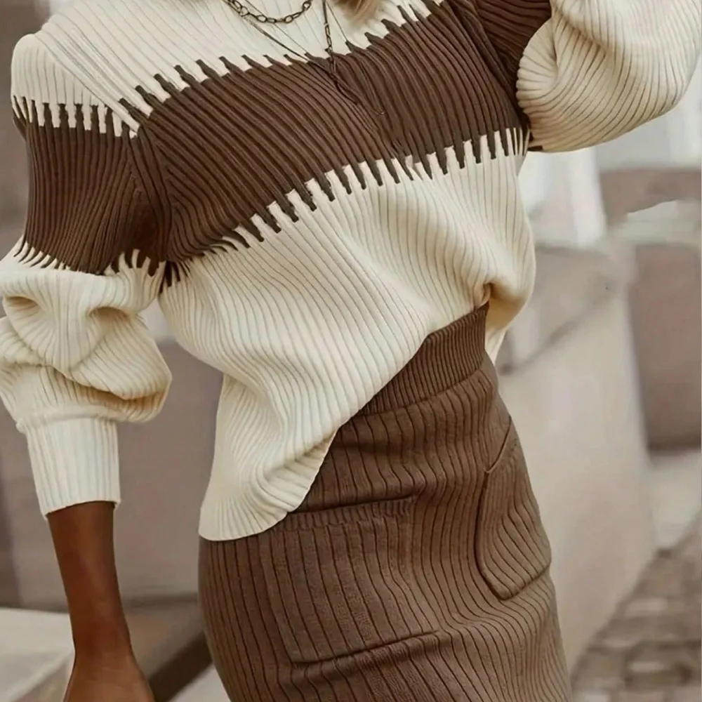 2pcs/Set Color Block Sweater And Sweater Dress Set - Picture 4 of 5